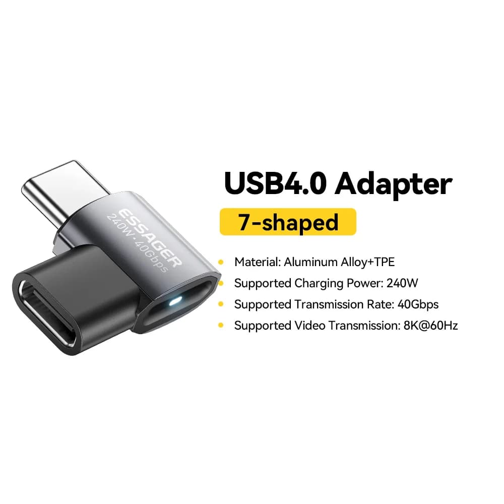 Penyesuai Data OTG USB4.0 240W Sudut 90-Derajat 8K