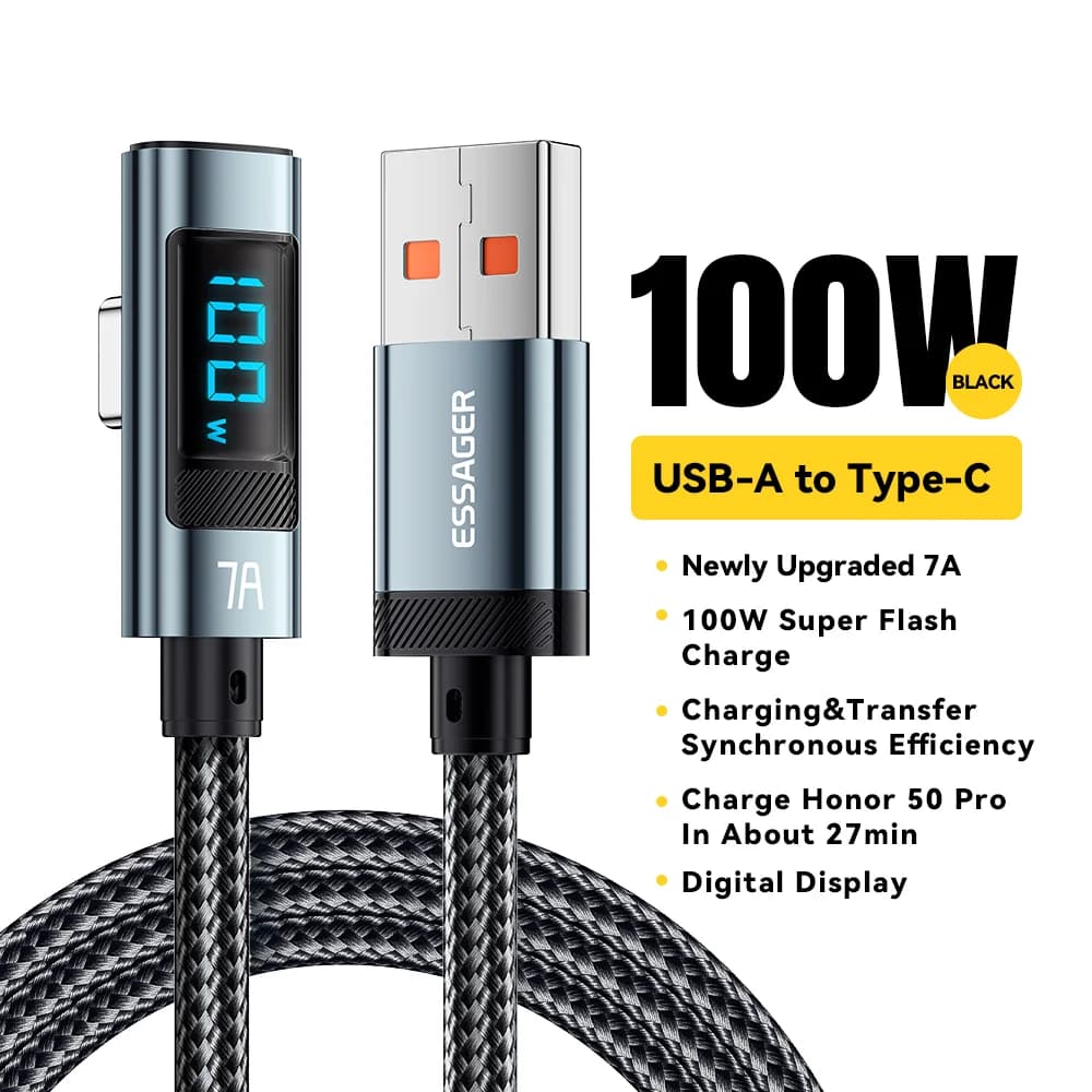 Kabel USB-C Lengkung 7A 100W dengan Paparan Digital