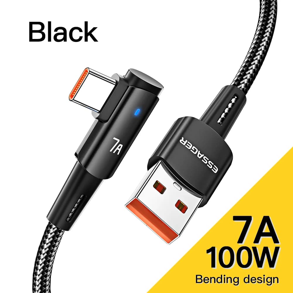 Kabel Pengecasan Pantas USB-C ke USB-C Sudut 90-Darjah 100W