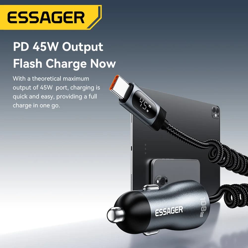 Pengecas Kereta 108W dengan USB-C, USB-A dan Kabel Spring