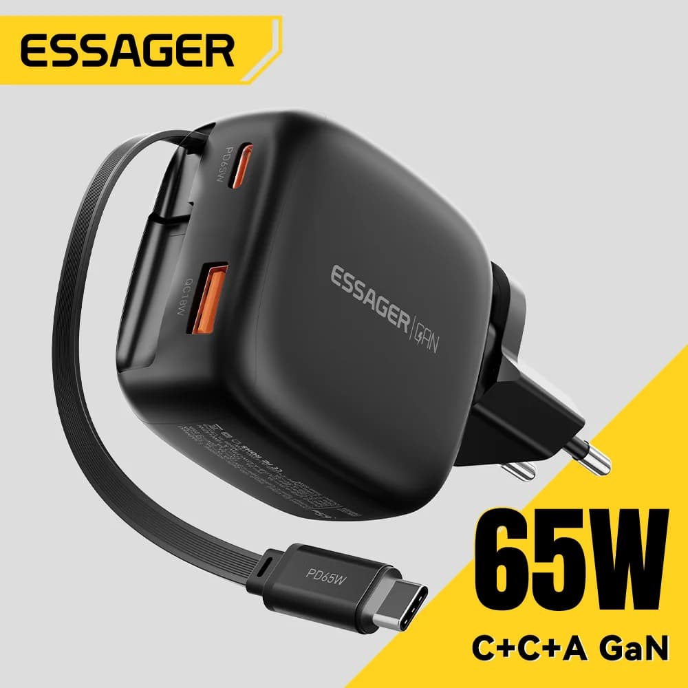 Pengecas GaN 65W dengan Kabel USB-C 3-dalam-1 Boleh Tarik