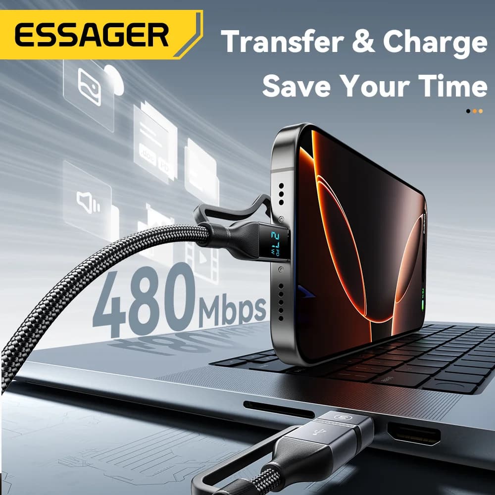 Kabel USB-C Paparan Digital 4-dalam-1, PD 100W