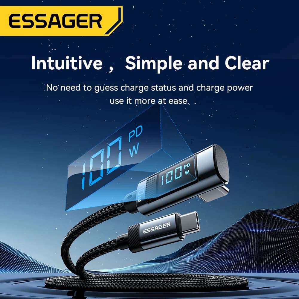 Kabel USB Type-C ke USB-C 100W dengan Paparan LED 90°