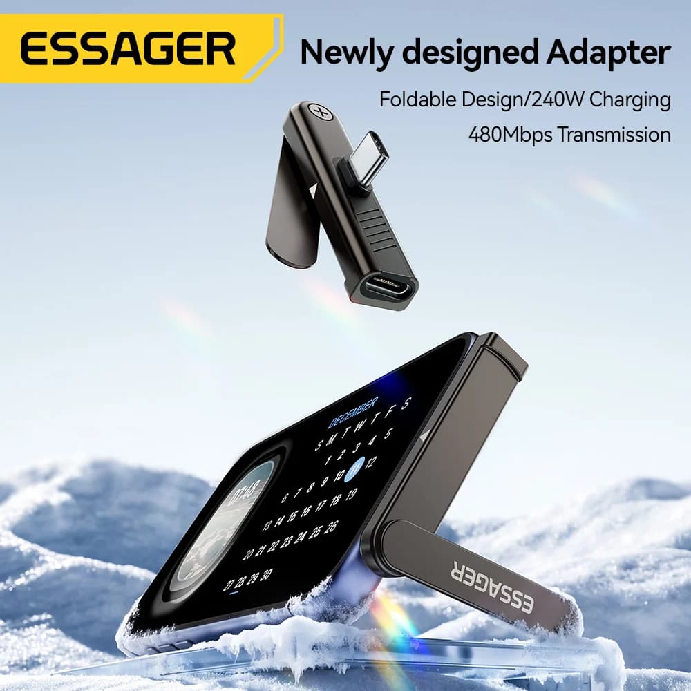 Penyesuai OTG USB-C Boleh Lipat 2-dalam-1 240W dengan Penyangga