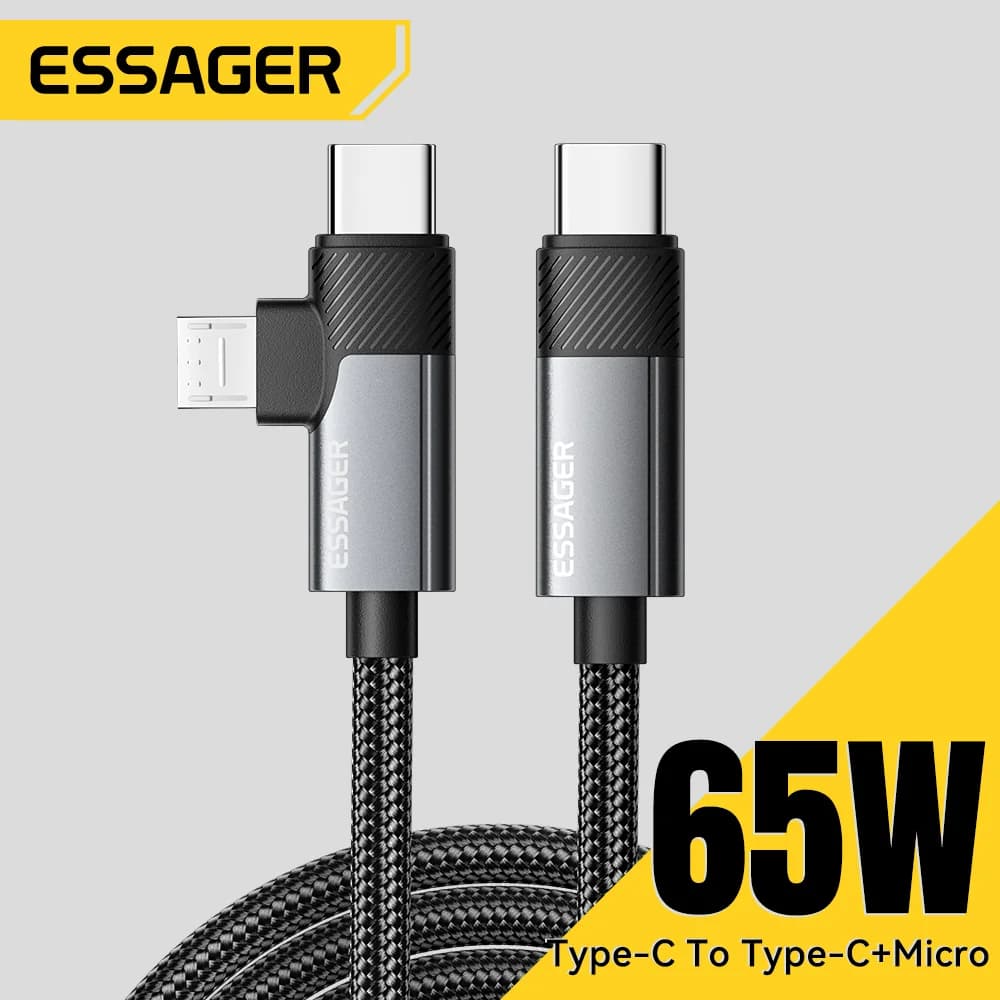 Kabel Pengecasan Pantas 2-dalam-1 65W PD Type-C/USB-A ke Micro