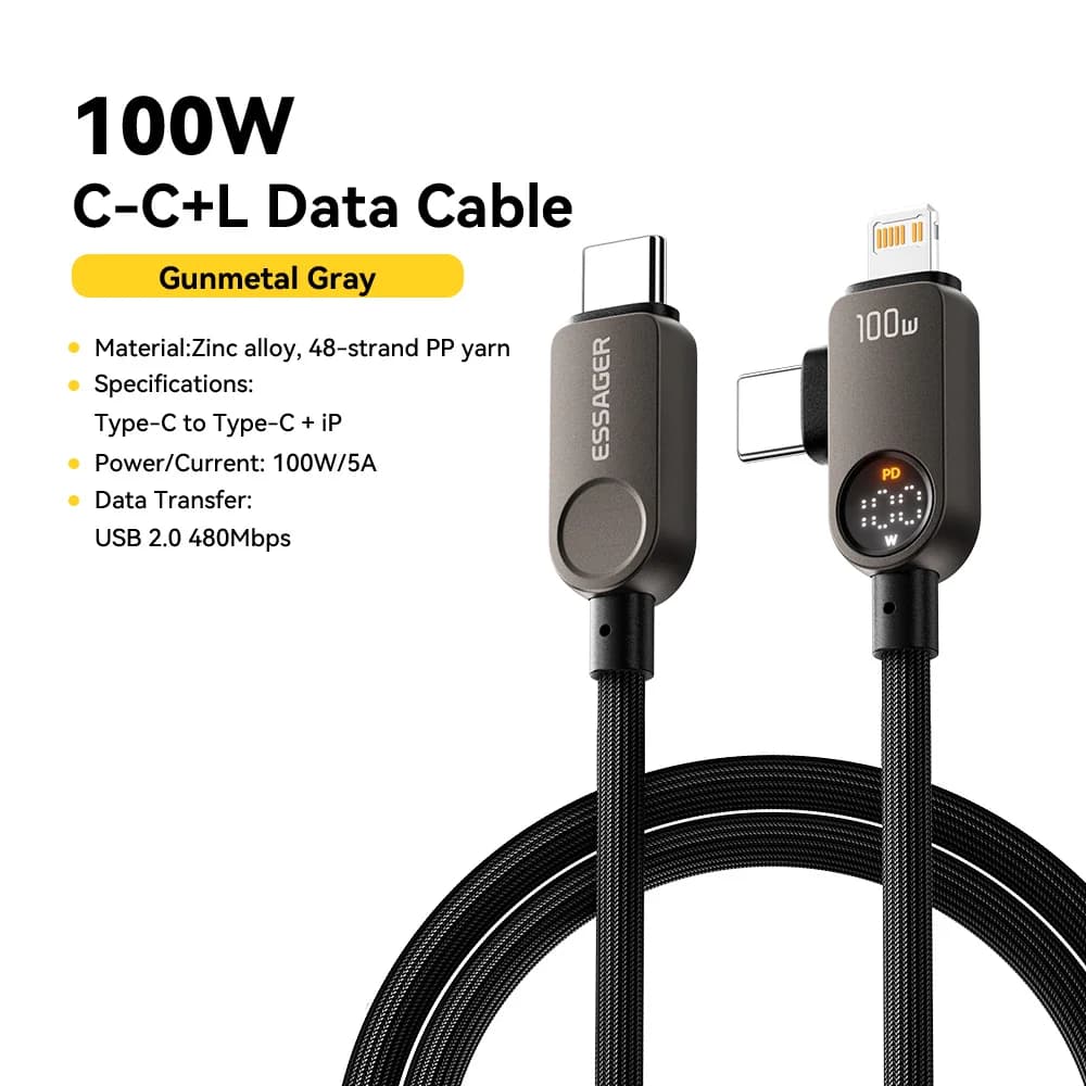 Kabel USB-C ke Lightning 2-dalam-1, 100W PD