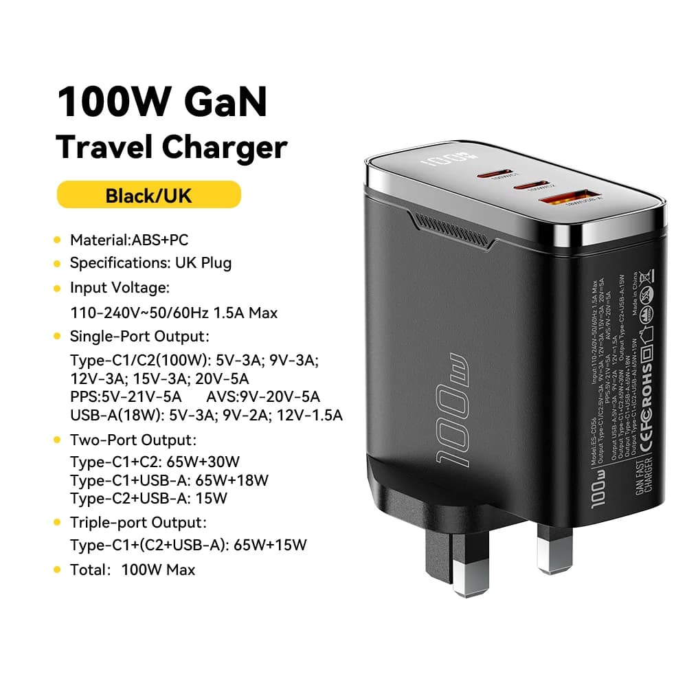Pengecas USB-C GaN 100W dengan Paparan Digital