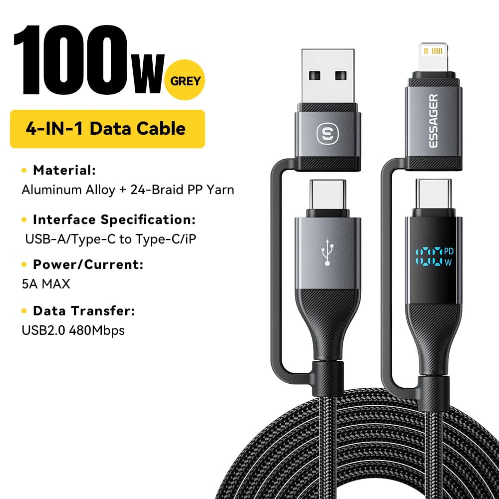 Kabel USB-C Paparan Digital 4-dalam-1, PD 100W