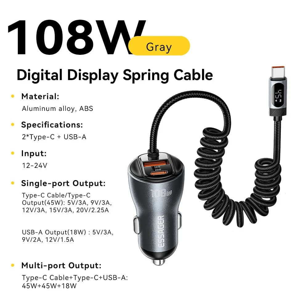 Pengecas Kereta 108W dengan USB-C, USB-A dan Kabel Spring