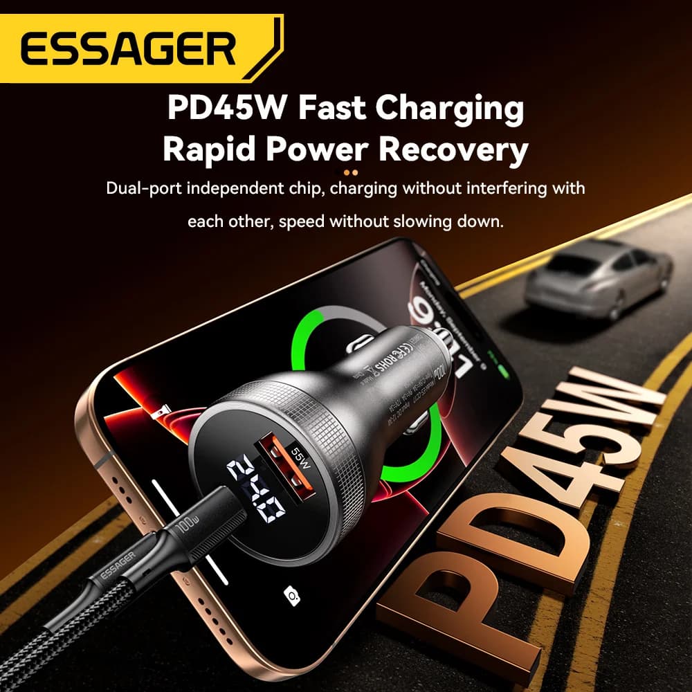 Pengecas Kereta USB-C 100W dengan Paparan Digital
