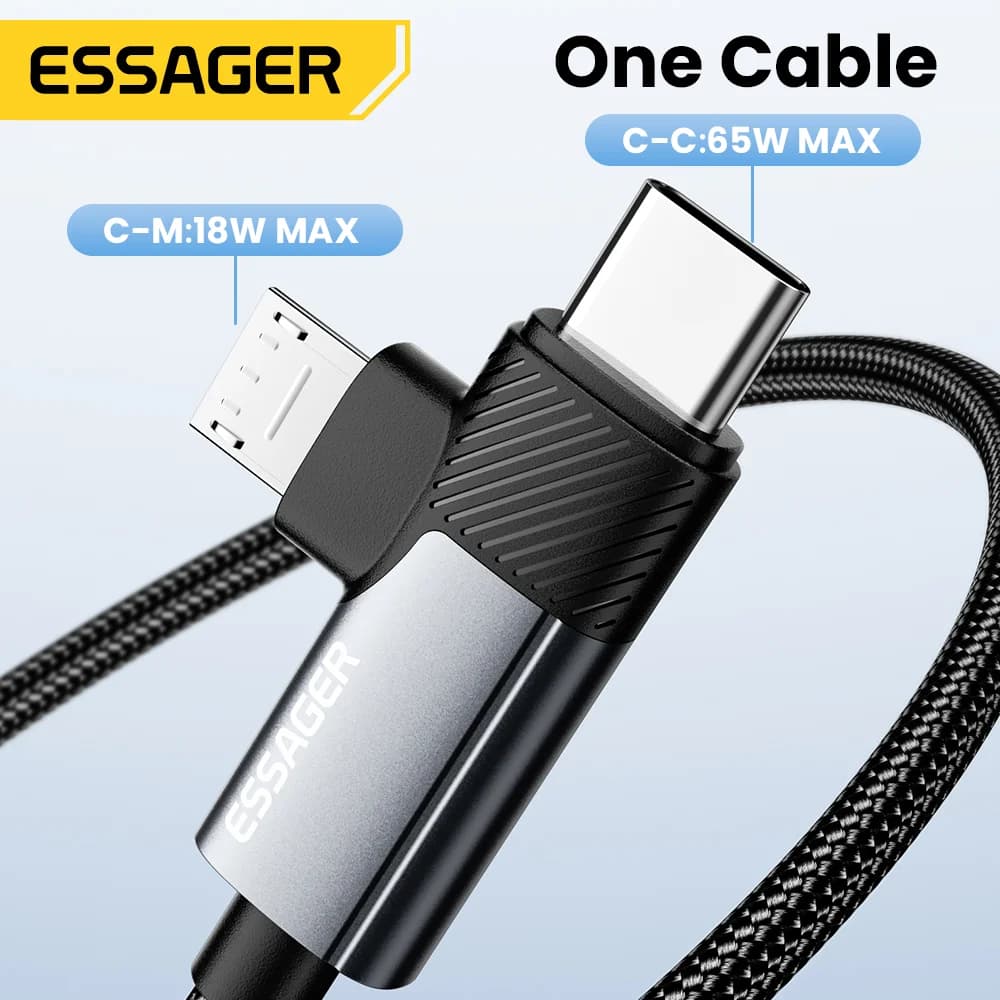Kabel Pengecasan Pantas 2-dalam-1 65W PD Type-C/USB-A ke Micro