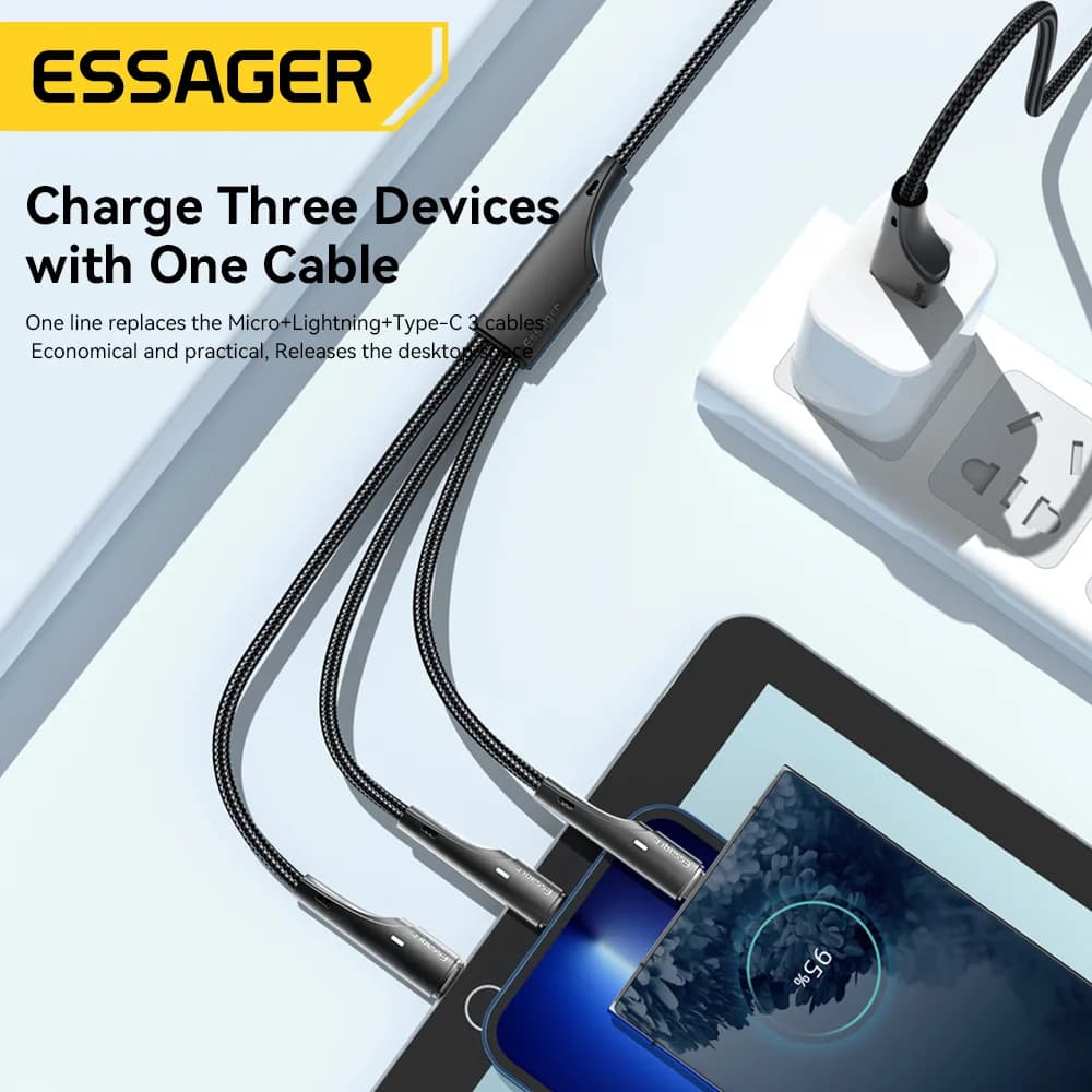 Kabel Pengecasan Multi 3-dalam-1 USB-C Micro USB Lightning