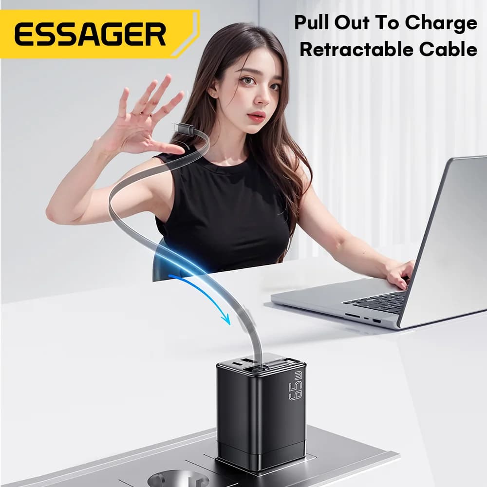 Pengecas GaN 65W dengan Kabel Boleh Tarik Balik
