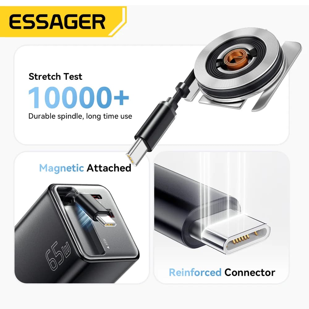 Pengecas GaN 65W dengan Kabel Boleh Tarik Balik