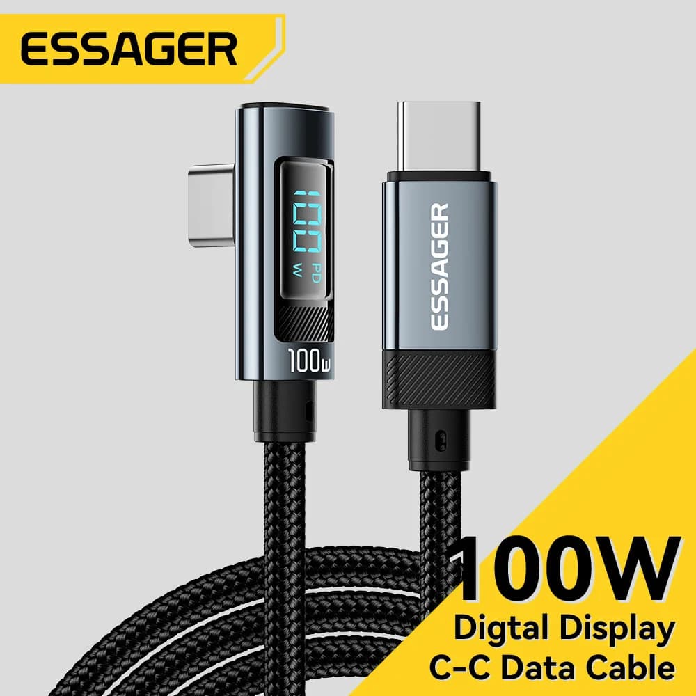 Kabel USB-C Sudut 90-Derajat 100W 5A dengan Paparan LED