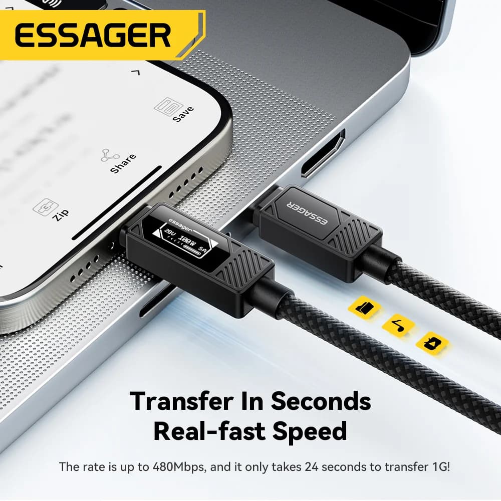 Kabel USB-C 100W dengan Paparan Digital Pengecasan PD