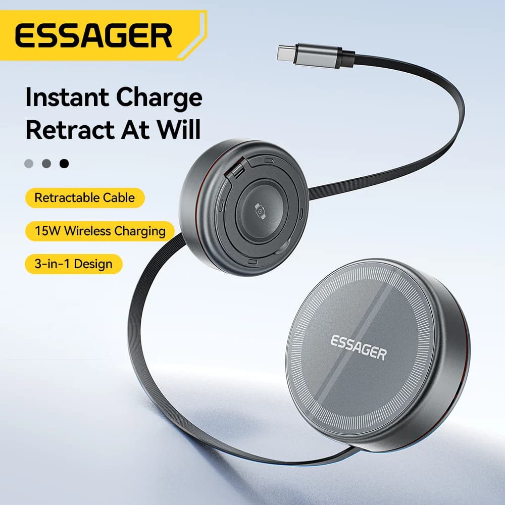 Pengecas Wayarless Magnetik 3-dalam-1 dengan Kabel Boleh Tarik Balik