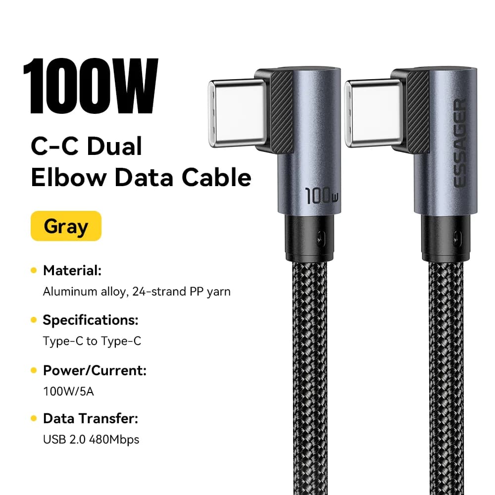 Kabel Pengecasan Pantas Siku 100W USB-C ke USB-C