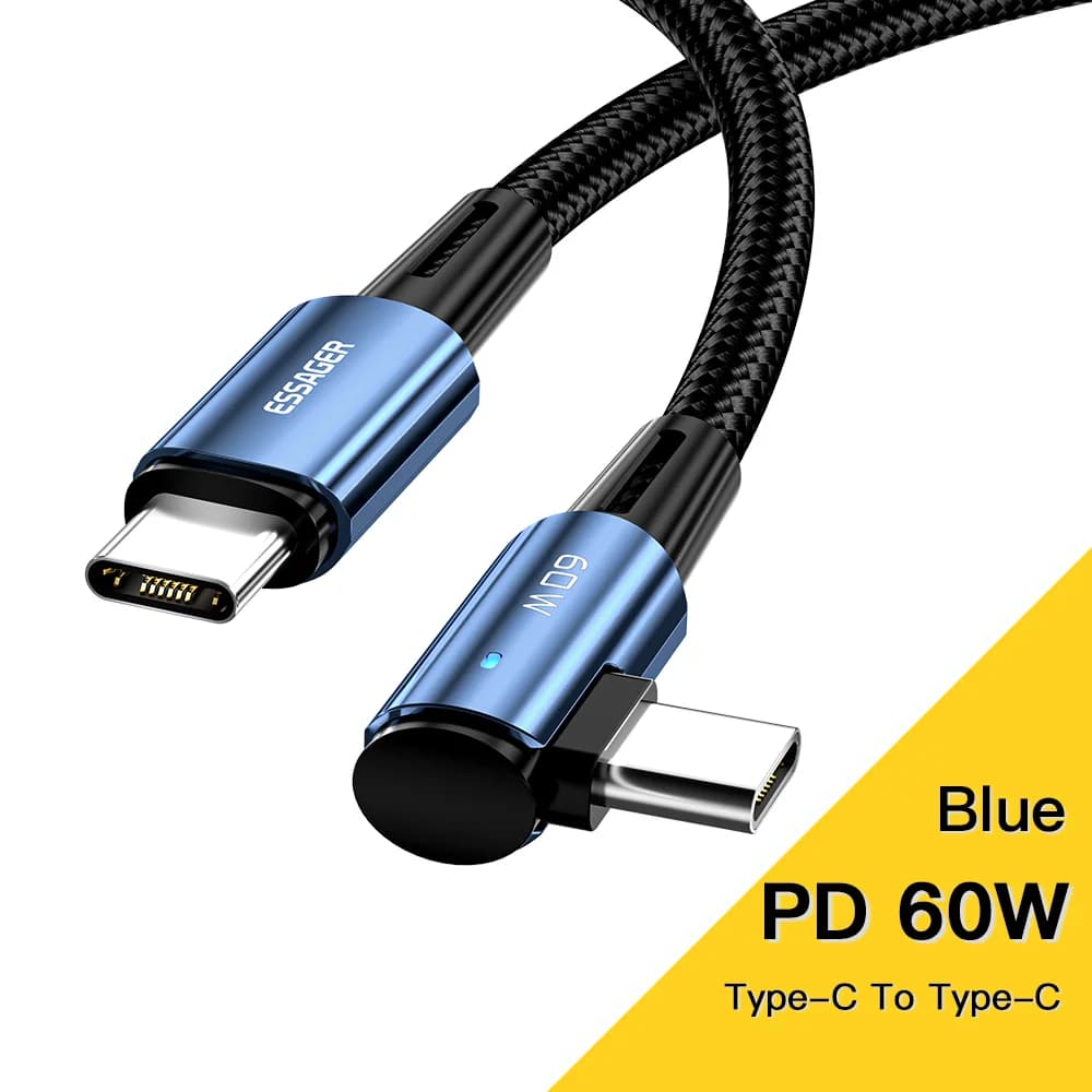 Kabel Pengecasan Pantas USB-C ke USB-C Sudut 90-Darjah 100W