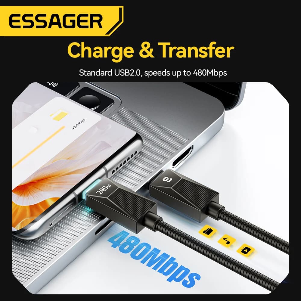 Kabel Pengecasan Pantas USB-C Keluli Tahan Karat 240W