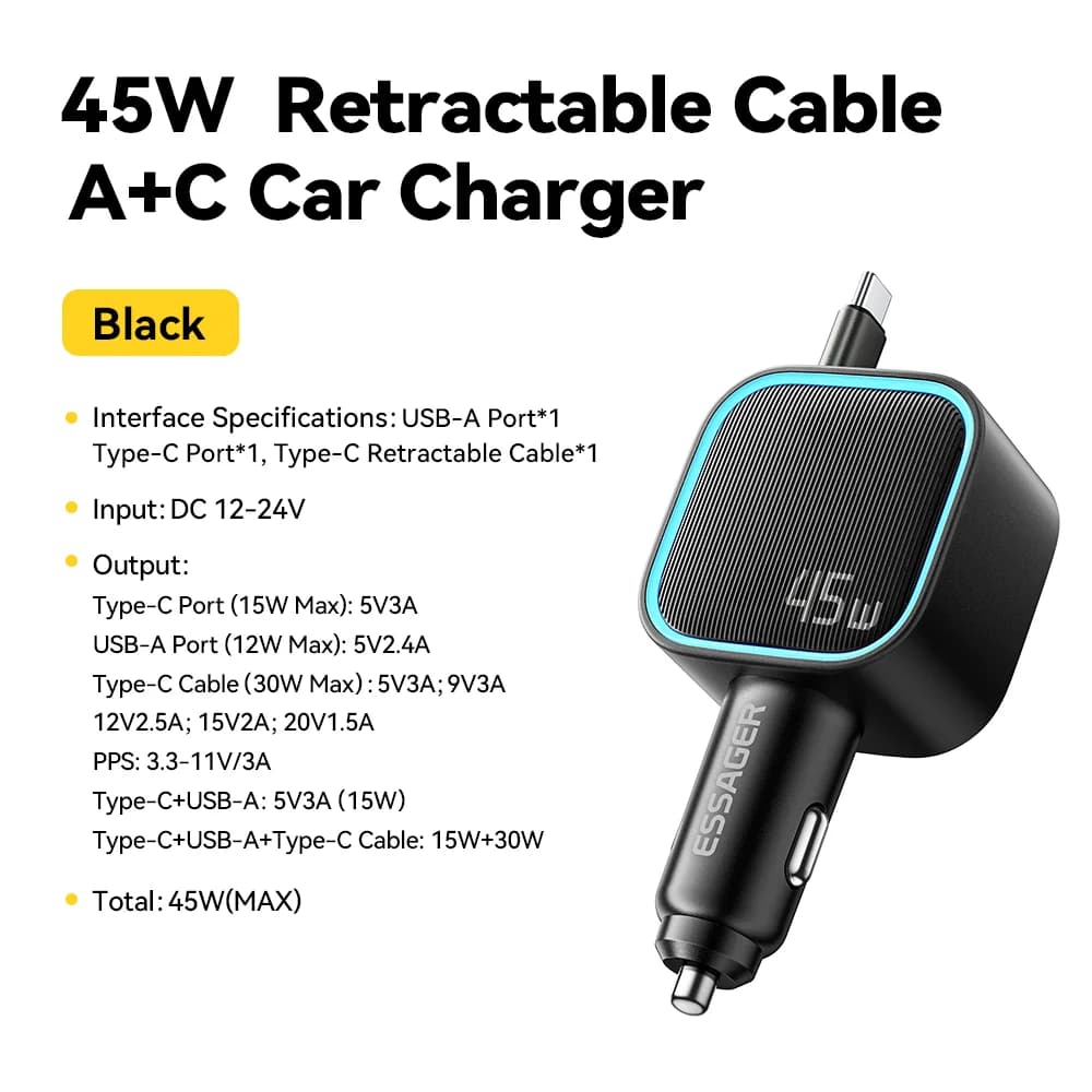 Pengecas Kereta 45W dengan Kabel PD Boleh Tarik Balik 75cm