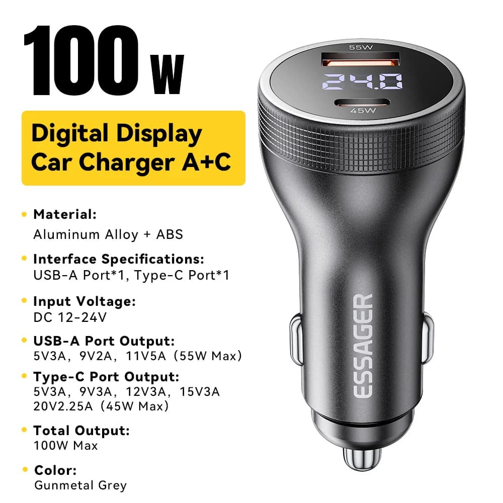 Pengecas Kereta USB-C 100W dengan Paparan Digital