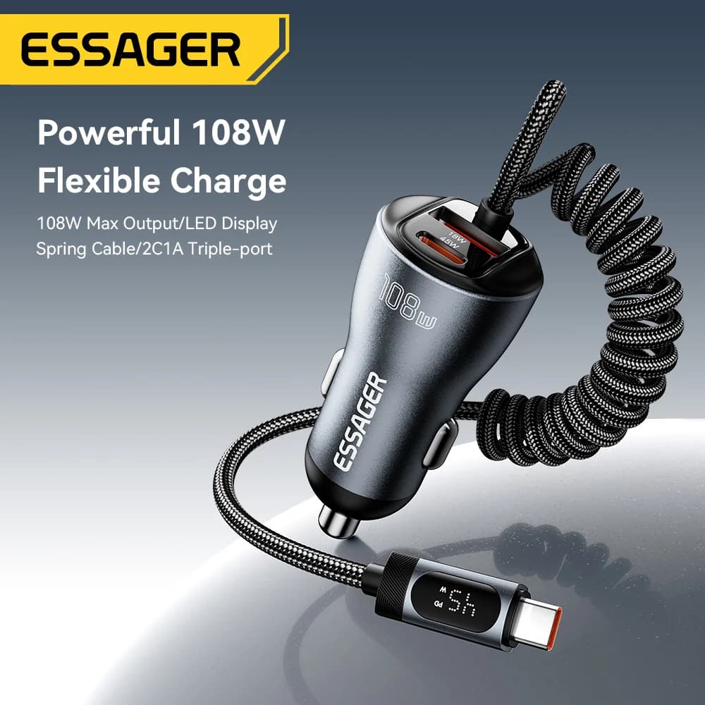 Pengecas Kereta 108W dengan USB-C, USB-A dan Kabel Spring