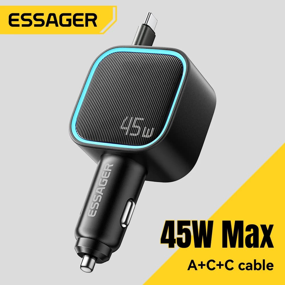 Pengecas Kereta 45W dengan Kabel PD Boleh Tarik Balik 75cm
