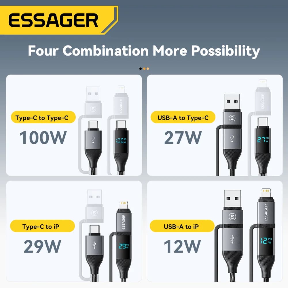 Kabel USB-C Paparan Digital 4-dalam-1, PD 100W