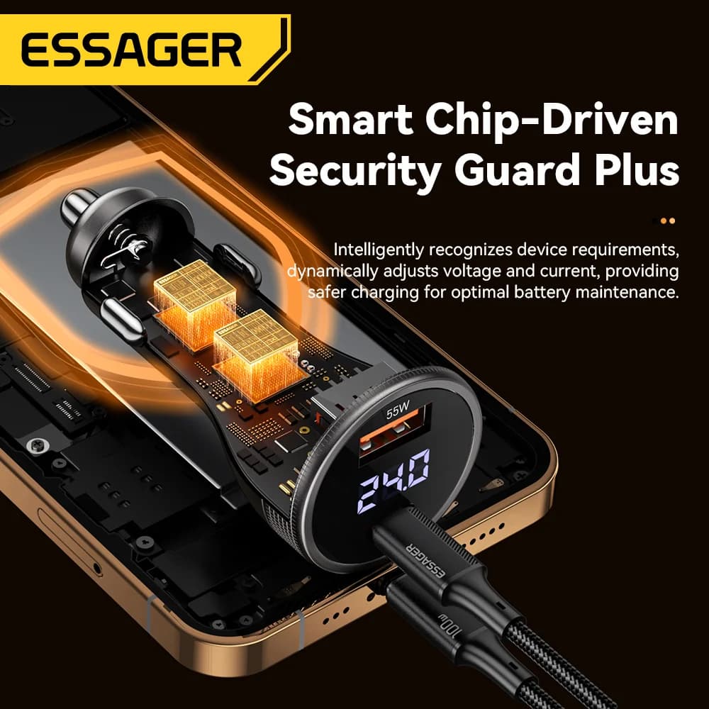 Pengecas Kereta USB-C 100W dengan Paparan Digital