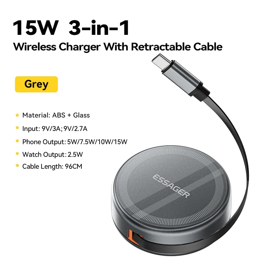 Pengecas Wayarless Magnetik 3-dalam-1 dengan Kabel Boleh Tarik Balik