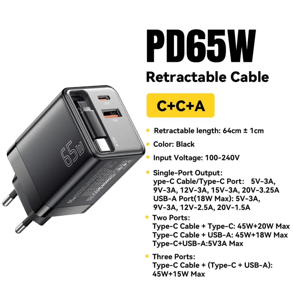 Pengecas GaN 65W dengan Kabel Boleh Tarik Balik