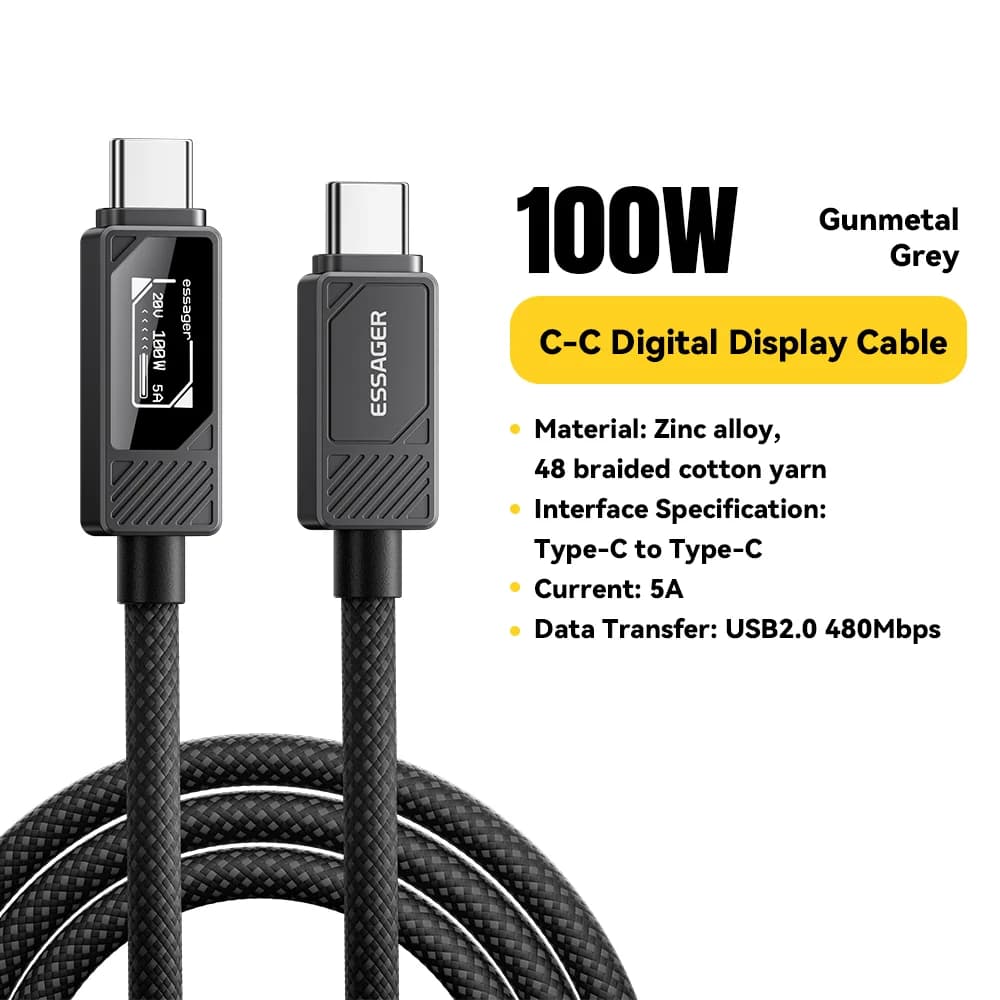 Kabel USB-C 100W dengan Paparan Digital Pengecasan PD