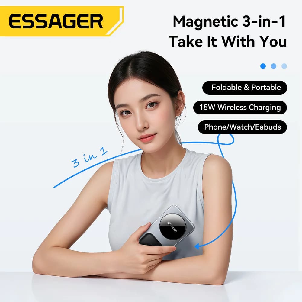 Stesen Pengecasan Wayarles Magnetik Boleh Lipat 3-dalam-1 15W